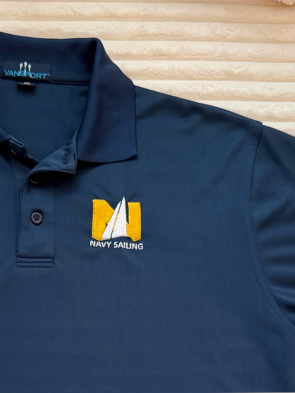 Vansport Navy Short-Sleeve Polo with Yellow Sailing Logo Medium